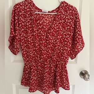 Skies Are Blue Red Floral Blouse